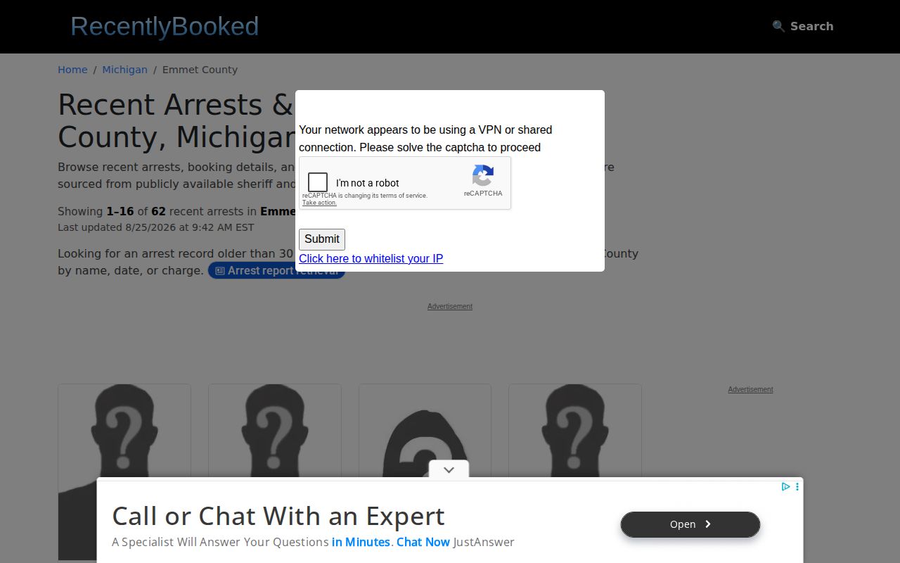 Emmet County third-party recent booking view requiring official record verification